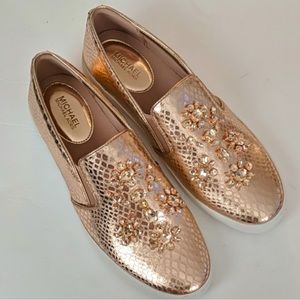 NWOT Michael KORS rose gold, metallic slip on bejeweled sneakers/tennis shoes
